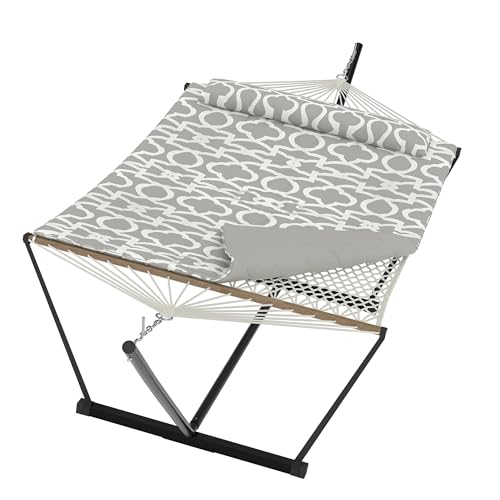 Garvee Double Hammock with Stand for Outdoor, Portable Hammock with Soft Pillow, Balance Ropes, for Patio, Garden, Backyard, Beach - color: Grey