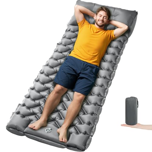 Ultralight Sleeping Pad for Backpacking, 4" Thick & 1.9 lb, with Built-in Pillow & Fast Foot Pump, Compact Inflatable Mat for Hiking and Camping - color: Grey