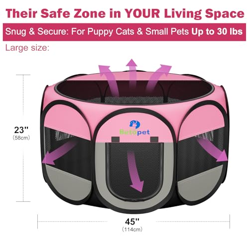 Playpen for Small Dogs Cats Crate: Puppy Play Pen Indoor Outdoor Foldable Potable Exercise Cage Pop up Kennel for Guinea Pig Rabbits Hamster Travel with Carrying Case & Food Bowl (Pink, L, 1) - color: Pink, size: L