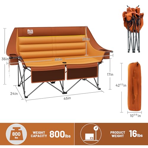Timber Ridge Double Camping Chair, Heavy Duty Outdoor Folding Camp Couch, Loveseat Camping Chairs Perfect for Campsites, Patio/Lawn, Soccer Games or Other Youth Sports, Supports 600 lbs - color: Loveseat Orange