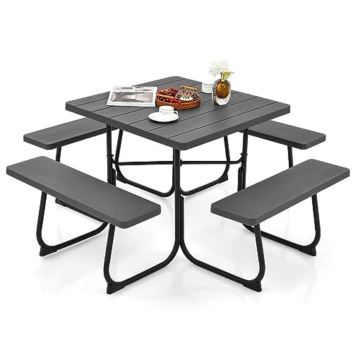 Giantex Picnic Table Bench Set for Up to 8 Persons, Square Outdoor Table and Bench with Umbrella Hole, HDPE Top & Metal Frame, 2000LBS Capacity, Patio Table Bench Set for Deck Backyard Garden, Black - color: Black, size: Square-35"x35"x30"