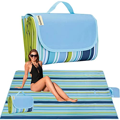 K Y KANGYUN Beach Blanket Outdoor Picnic Blankets Mat 80"x60" Extra Large Waterproof Sand Proof Camping Blanket Lightweight Folding Portable Travel Blanket for Family Park Beach Grass (Blue Line) - color: Blue Line