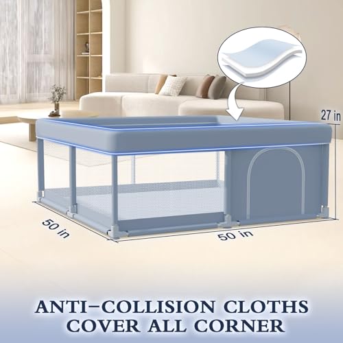 XVISHX 50 x 50 Inch Baby Playpen, Playpen for Babies and Toddlers, Baby Play Pen Playard for Indoor & Outdoor Active Center Game Fence, with Skin-Friendly Fabric and Soft Breathable Mesh, Grey - size: 50 × 50 Inch