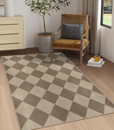 Rugalia Easy Jute Small Outdoor Patio Rug, 3x5 Brown Checkered Entryway Rug Washable Modern Diamond Kitchen Rugs, Non-Slip Neutral Farmhouse Throw Carpet for Living Room Porch Backyard - color: Brown Checkered, size: 3' x 5' (Rectangular)