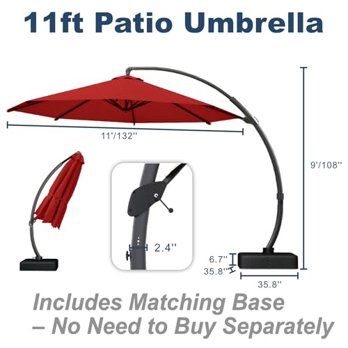 11FT Cantilever Umbrella with Base Large Curvy Outdoor Aluminum Offset Umbrella w/ 360° Rotation, UV Resistant Canopy for Patio, Garden, Backyard, Red - color: Red, size: 11FT