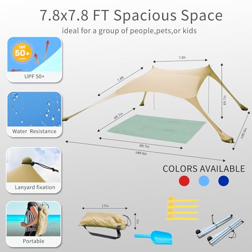 7×7 FT Beach Tent Sun Shelter UPF50+ UV Protection, Outdoor Canopy Tent Sun Shade with 2 Poles for Camping, Beach, Fishing, Backyard and Picnics Khaki - color: Khaki