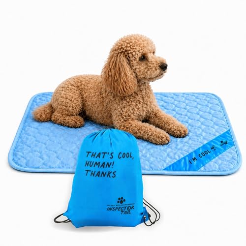 INSPECTOR TAIL Dog Cooling Mat - No Freeze Needed, Self-Cooling Pad for Medium Dogs, Washable Portable for Crate Kennel Car Sofa Bed Floor, Indoor Outdoor Summer Use, 28"x22" with Carry Bag - size: Blue- 27.55" X 22.04"