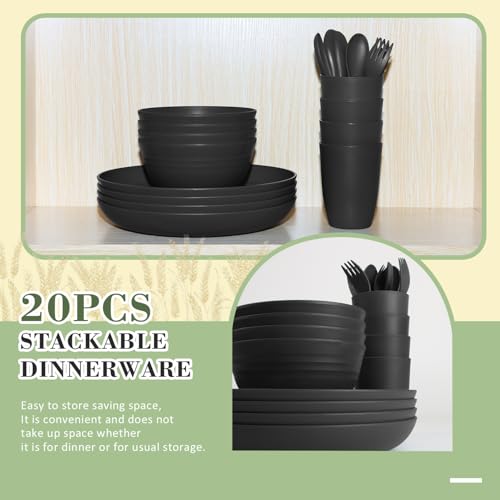 Wrova Wheat Straw Dinnerware Sets of 20,Alternative to Melamine dinnerware sets with Flatwares Dishwasher Safe,Lightweight and Unbreakable Camping Dishes for R.V.(Black) - color: Black, size: 20 Pack