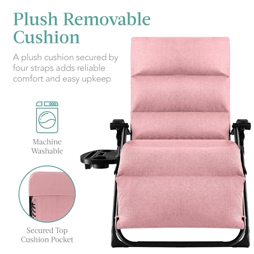 Best Choice Products Oversized Zero Gravity Chair, Folding Outdoor Patio Recliner, XL Anti Gravity Lounger w/Removable Cushion, Cup Holder, Side Tray, 350lb Capacity - Pink - color: Pink