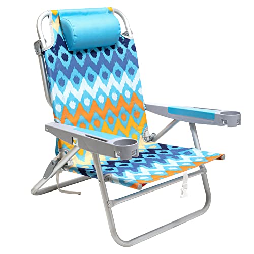 SUNNYFEEL Extra Wide 28" Low Beach Chair 5 Position Lay Flat, XL Oversized Portable Folding Camping Chairs with Cup Holder for Outdoor/Trip, Lightweight Foldable Backpack Beach Chair for Adults - color: Blue Wave, size: 1-PACK