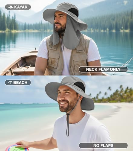 GearTOP Wide Brim Sun Hat for Men & Women, UPF 50+ Fishing Hat with Detachable Neck Flap & Face Cover Gardening Boonie Sunhat - color: Light Grey