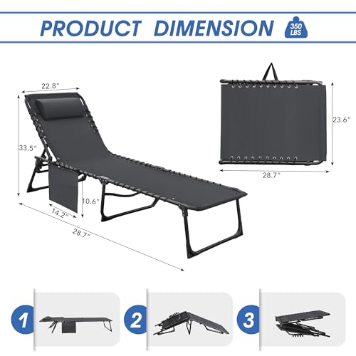 Flamaker Foldable Chaise Lounge Chair 5-Position Adjustable, Tanning Chair with Side Pocket, Outdoor Sunbathing for Pool, Beach, Patio, Lawn, Indoor Recliner Chair for Napping(Grey, 1 Pcs) - color: Grey, style: Normal, 1 Pcs