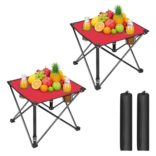 2 Pack Portable Camping Table, Ultralight Picnic Table Foldable with 2 Cup Holders and Carrying Bag for Outdoor Camping Picnic BBQ Beach Party Patio Fishing, Steel Frame, High-Grade 600D Oxford Fabric - color: Red, size: 2 Pack