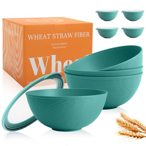 40 OZ Wheat Straw Bowls with Lids Set, 4 PCS Unbreakable Salad Bowls with Lid, Alternative Plastic Food Containers with Lids for Lunch, Microwave & Dishwasher Safe Kitchen Bowl Set, Green - color: Green, size: 40 Oz With Lid