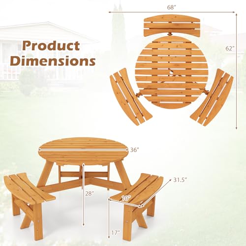 Giantex 6-Person Round Picnic Table Set with 3 Benches, 550 LBS Bench Capacity, 2" Umbrella Hole, Circular Outdoor Wood Dining Table & Chairs for Patio Yard Garden Porch Deck (68”x62”x28”,Yellow) - color: Yellow, size: 68”x62”x28”