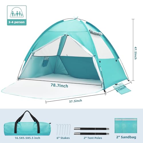 COVACURE 2026 New Upgraded Beach Tent Sun Shelter - UPF 50+ UV Protection Beach Shade for 3-4 Person, Waterproof & Lightweight, Easy Setup Portable Sun Canopy for Camping, Fishing, Beach (Green) - color: Green