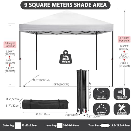 COBIZI Waterproof Stable Winterproof Pavilion with Bag with Wheels,Pop Up Folding Pavilion Party Tent,1 Person Install Sun Protection Garden Pavilion for Beach Wedding Camping - color: White, size: 8×8 （No Walls）