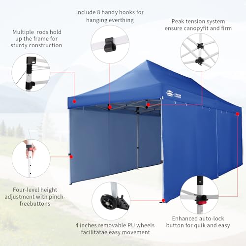 CROWN SHADES 10x20 Pop Up Canopy Tent, Thicken Frame Commercial Heavy Duty Tent, 4 Sidewalls 8 Stakes & 4 Sandbags & 4 Ropes, Outdoor Canopies for Events, Parties, Blue - color: Blue, size: 10x20 Heavy Duty