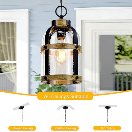 Outdoor Pendant Light for Porch,Modern Exterior Hanging Lantern with Adjustable Chain, in Black and Wood Grain Finish with Seeded Glass for Front Door,Entryway,Farmhouse (Wood Grain(updated)) - color: Wood Grain (New)