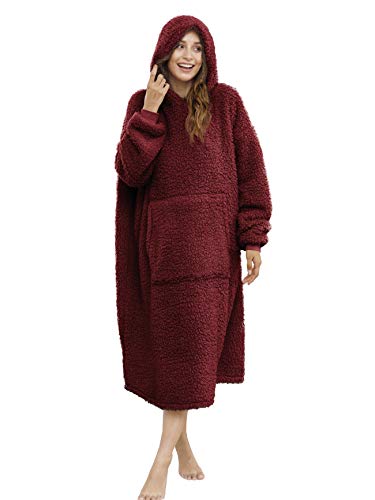Sherpa Wearable Blanket Oversized Hoodie Sweatshirt TV Blanket with Long Sleeves and Pocket -WineRed - color: Winered