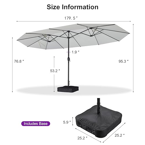 PURPLE LEAF 15ft Patio Market Umbrella with Base Double-Sided Rectangle Outdoor Table Sun Umbrellas with Crank 12 Heavy Duty Sturdy Ribs for Pool Beach Deck Backyard Cream - color: Cream, size: 15' X 9'