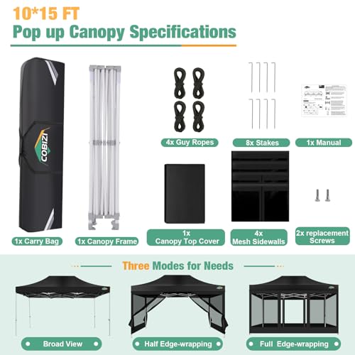 COBIZI 10x15 Canopy Tent, Heavy Duty Pop up Canopy with Sidewalls, Waterproof Easy Setup Canopy with Mosquito Netting, Outdoor Instant Screen Tents for Parties, Wedding, Backyard with Carry Bag, Black - color: Black, size: 10x15FT