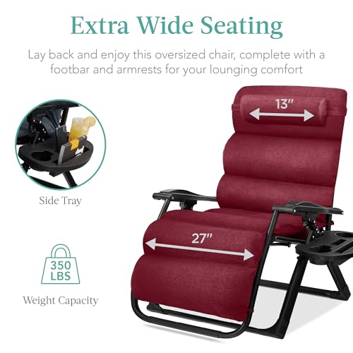 Best Choice Products Oversized Zero Gravity Chair, Folding Outdoor Patio Recliner, XL Anti Gravity Lounger w/Removable Cushion, Cup Holder, Side Tray, 350lb Capacity - Burgundy - color: Burgundy