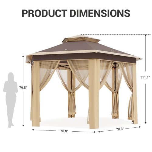 13X13 Pop Up Gazebos,Outdoor Canopy Tent with Mosquito Netting, Double Vented Roof Sun Shelter with Adjustable Heights,Outdoor Gazebo for Backyard & Patio Furniture.（Khaki-Six Sides Gazebos） - color: Khaki Beige