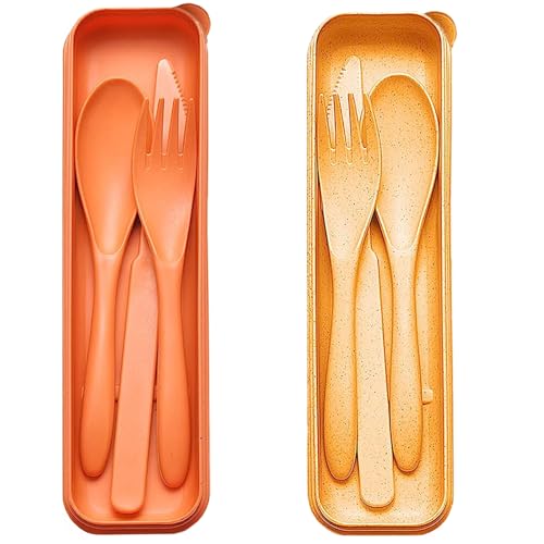 Reusable Travel Utensils Set with Case, 2 Sets Wheat Straw Portable Plastic Fork Spoons Knife Cutlery, Camping Eco-Friendly BPA Free Tableware for Kids Adults Work Picnic or Daily Use (Yellow+Orange) - color: Yellow + Orange