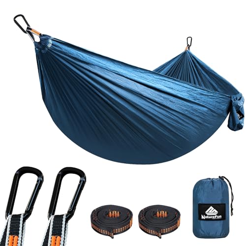 NATUREFUN Ultra-Light Travel Camping Hammock | 300kg Load Capacity,Breathable,Quick-Drying | 2 x Premium Carabiners,2 x Nylon Slings Included | Outdoor Indoor Garden - color: Navy Blue, size: 275x140cm