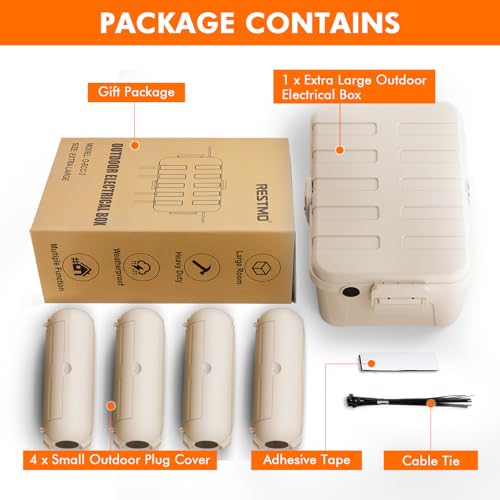 RESTMO 5-Piece Outdoor Waterproof Electrical Box Set – 12.5" x 8.5" x 5" Large & 7.1" x 2.3" x 2.3" Small, Weatherproof Boxes for Power Strip, Outlet, Plug, Socket, Timer, Holiday Light, Almond - color: Almond
