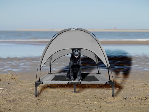 35 Inch Elevated Dog Bed with Canopy, Waterproof & Breathable Medium Cooling Dog Bed with Removable Shade Tent for Camping, Beach, Backyard, Grey