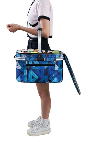 ALLCAMP Picnic Basket - Insulated Cooler, Thickening Foldable Picnic Basket with Removable Baskets & Sewn-in Frame, Basket for House Warming Gifts New Home(Triangle Pattern) - color: Triangle Pattern, size: Medium