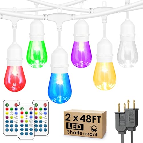 Larkvue 96FT(2X48FT) RGBW Outdoor String Lights with Remote, Patio Lights with 30+3 Vintage S14 Dimmable Waterproof Bulbs for Yard Party Decor, White - color: White
