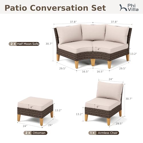 PHI VILLA 5-Piece Wicker Patio Furniture Set, Outdoor Sectional Sofa Conversation Set with Beige Cushions, Half-Moon Curved Modular Couch for Garden, Deck, Backyard - color: Beige, size: 7 Seats - Curved
