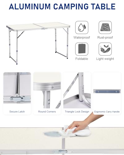 Outvita 4ft Portable Folding Camping Table, Outdoor Waterproof Adjustable Height Table, Aluminum Lightweight Suitcase Foldable Table for Picnic BBQ Beach Dining - color: Silver, size: 47*24*28
