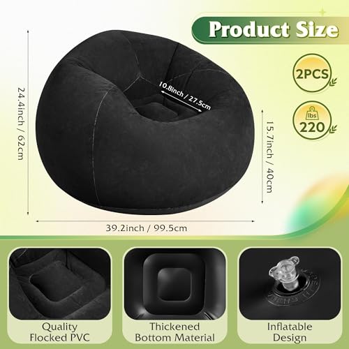 WLIVE 2 Pcs Bean Bag Chair for Kids Adults, Inflatable Chair, No Filler, Comfy, Suit for Dorm Gaming Room Indoor Outdoor, Black - color: Black, size: 2 Pcs With No Filler