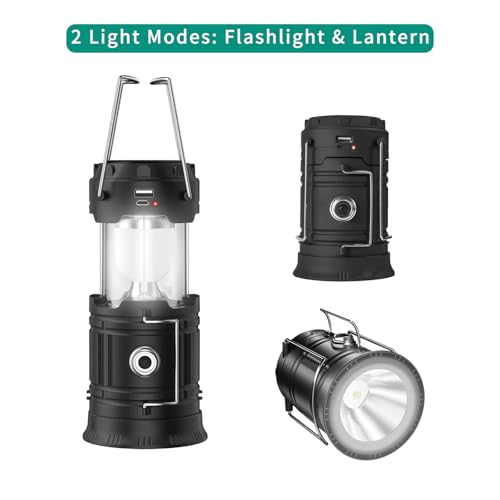 Censinda LED Camping Lantern, Solar and Rechargeable Lantern Flashlight Collapsible and Portable Light for Daily/Camp/Hiking/Night Fishing/Emergency/Hurricanes/Storm(Black, 1 Pack) - style: Black