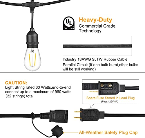 LED Patio String Lights, 35ft 18 Lights Solar Powered, E26 Socket with S14 Bulbs Weatherproof Outdoor Bistro Lights (18 Lights - Solar) - color: 18 Lights - Solar