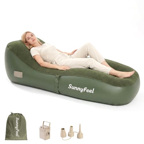 SUNNYFEEL Inflatable Lounger Couch with Built-in Pump, Heavy Duty PVC Flocked Inflatable Sofa Chair for Adults, Portable Air Lounger for Camping, Beach, Home & Outdoor, Army Green - color: Army Green