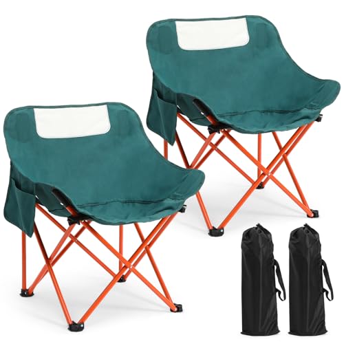 2 Pack Compact Camping Chairs Portable Folding for Outside with Carry Bag Lightweight Moon Chairs for Travel Picnic Hiking Beach Fishing, 600D Oxford, Supports 330lbs(Green) - color: Green