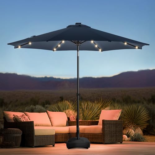 wikiwiki 9FT Solar Led Patio Umbrella with Base Included, 32 LED Lights, 8 Sturdy Ribs, Fade Resistant Waterproof POLYESTER DTY Canopy for Garden, Lawn, Deck, Backyard & Pool, Navy Blue - color: Navy Blue, size: 9FT