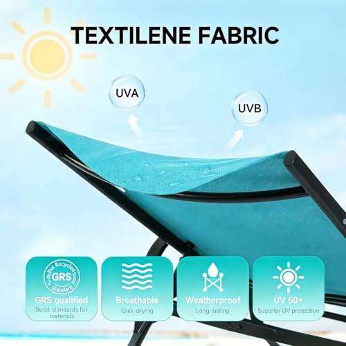 Simple Delxue Folding Chaise Lounge Chair with 5 Reclining Positions, Beach Recliner Chair with Armrests, Textilene Fabric & Steel Frame, Outdoor Patio Poolside Seating, 350 LBS Capacity, Cyan