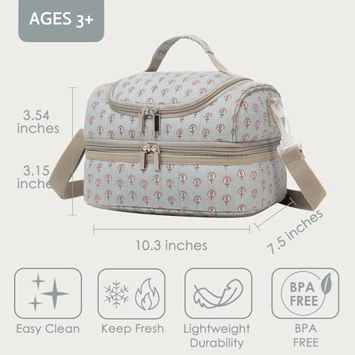 Insulated Kids Dual Compartment Lunch Bags Tote for Girls Boys Toddler Lunch Boxes Pre-School Toddler Kindergarten Picnic Camp Food Cooler Thermal with Strap (Z Blue Floral) - color: Z Blue Floral