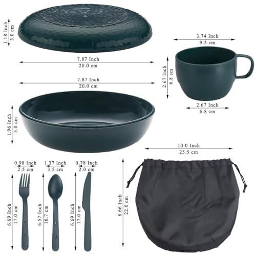 Berglander Camping Mess Kit with Bowl, Plate, Cup, Spoon, Fork, Knife and Carry Bag, Plastic Camping Accessories Essentials Gear for Travel, Camping, Picnic, Outdoor, Easy to Carry & Store - color: 3.Green