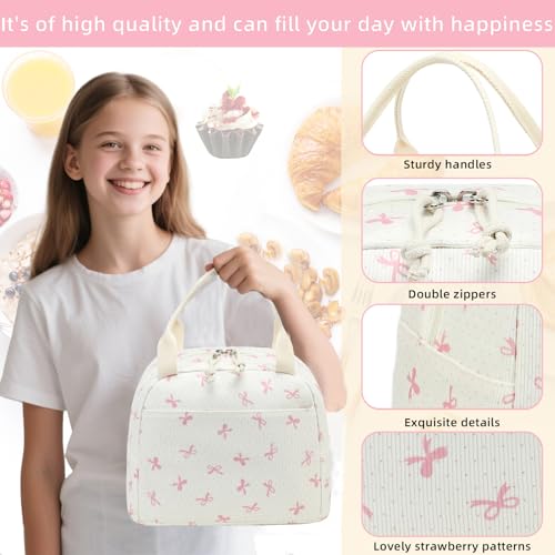 LEDAOU Lunch Box for Women Insulated Lunch Bag Corduroy Lunch Tote Bags Leakproof Cooler Lunch Case for Travel Work Picnic (Pink Bow) - color: A-pink bow