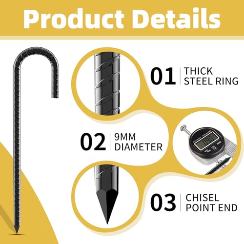 12 Inch Rebar Stakes, 8 Pack J Hook Heavy Duty Ground Stakes for Canopy Tent Trampoline and Chain Link Fence Rust Proof Coated Steel Ground Stakes Ground Anchors (Black) - color: J-8Pcs