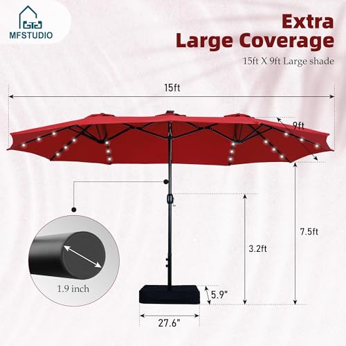 MFSTUDIO 15ft Patio Umbrella with Solar Lights, Outdoor Large Rectangular Umbrellas with Base, Crank Handle and 36 LED Lights for Yard Deck Pool, Burgundy Red - color: Burgundy Red