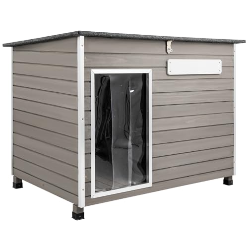 Gowoodhut Dog House Outdoor & Indoor Wooden Dog Kennel for Medium to Large Dogs,43.6" L Natural Fir Wood Dog Houses with Weatherproof Roof,Removable Floors,Raised Feet - size: 44" L x 30" W x 34" H