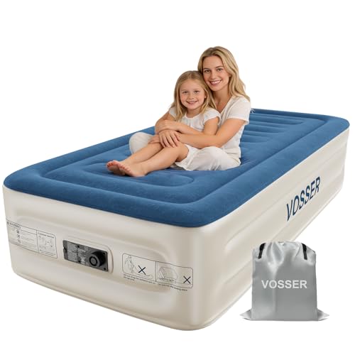 VOSSER Twin Air Mattress with Built-in Pump,Fast & Easy Inflation/Deflation Inflatable Mattress, Foldable Blow Up Mattress with Storage Bag, Inflatable Bed for Home, Camping & Guests - color: Blue, size: Twinxl 15''(standard Height)
